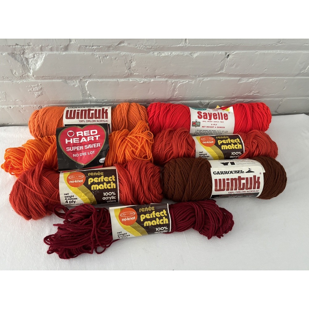 Vtg Acrylic Yarn Lot of 7 Skeins Red, Orange, Brown Perfect Match,Wintuk,Sayelle